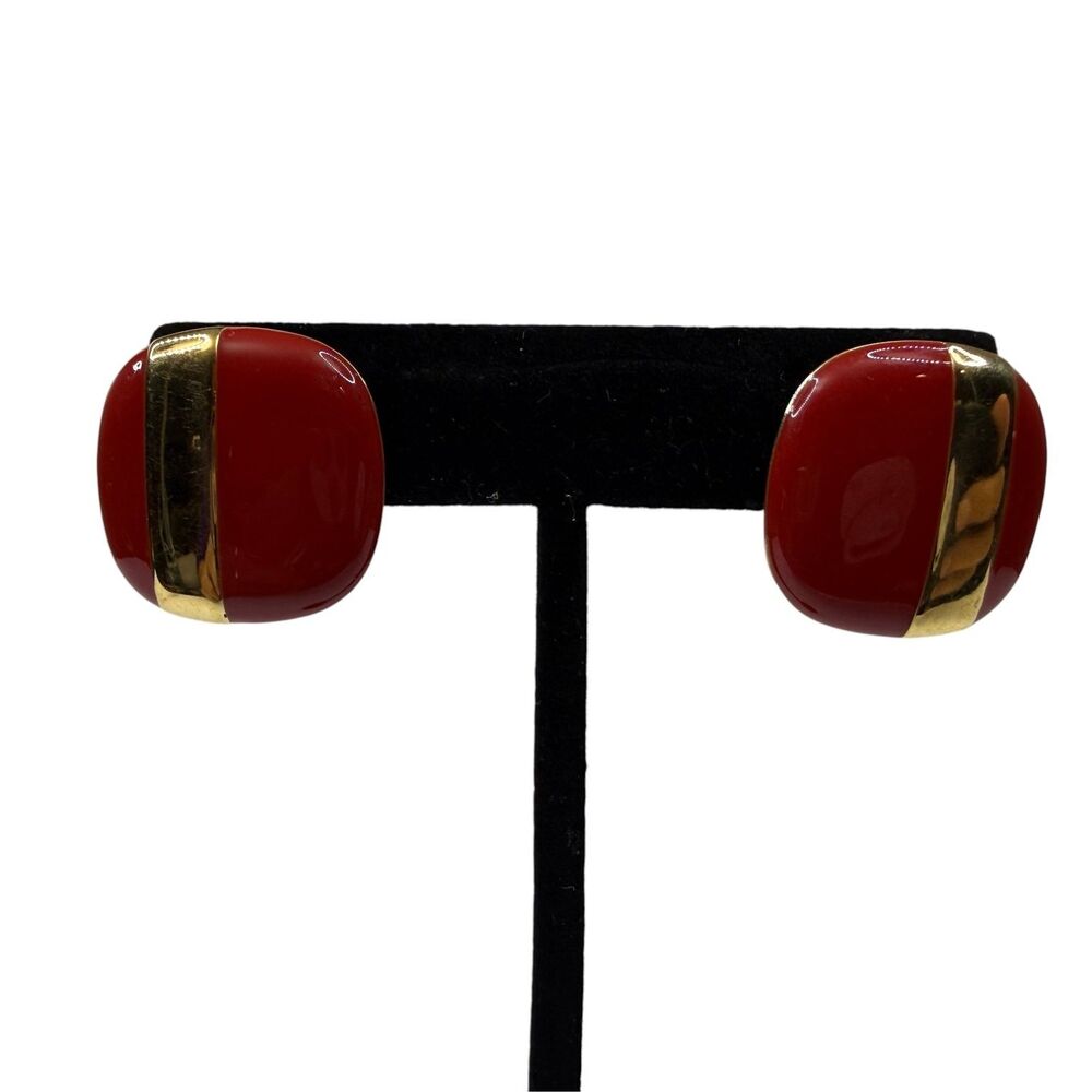 VTG Monet Red Enamel Gold Tone Stripe Square Cushion Stud Earrings Jewelry 1"